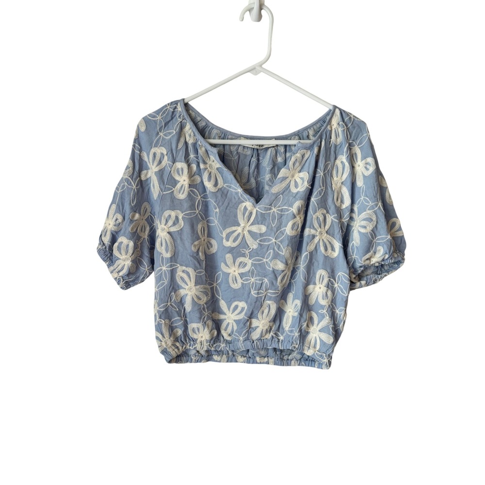 Joie Blue White Floral Embroidered V-Neck Puff Sleeve Elastic Hem Blouse Small